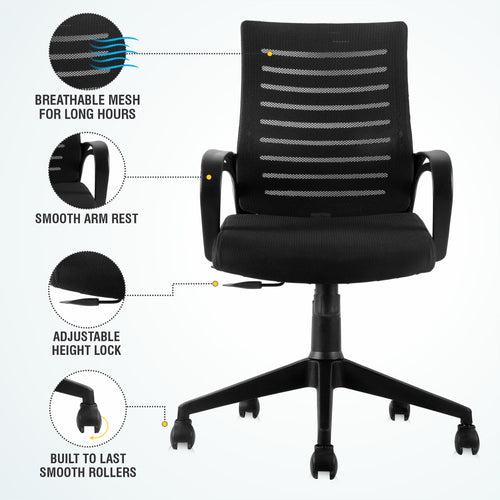 ASTRIDE Ace Mid Back Office Chair for Work from Home/Study Chair Height Adjustable Revolving Chair with Tilt Lock [Heavy Duty Nylon Base, Black]