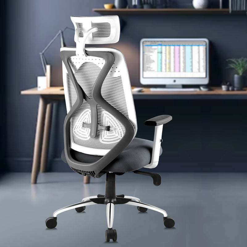 ASTRIDE Ergofit Ergonomic Office Chair in High Back with Adjustable Arms & Lumbar Support, Synchro Tilt Mechanism, [Heavy Duty Chromium Metal Base, Grey-White]