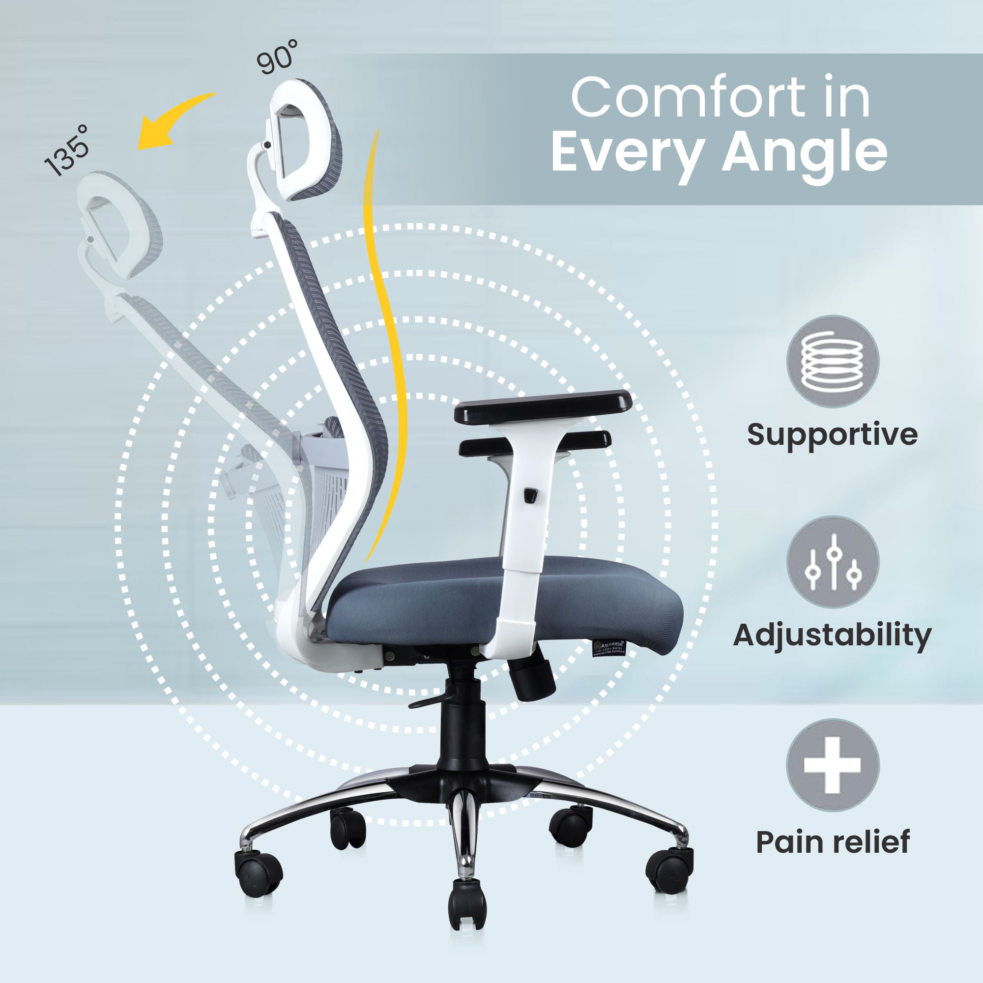ASTRIDE Octave Ergonomic Office Chair for Home | 3-Years Warranty | 2D Headrest, 2D Lumbar Support & 2D Soft Adjustable Arms | Synchro Tilt Mechanism [Heavy Duty Chromium Metal Base, Grey-White]