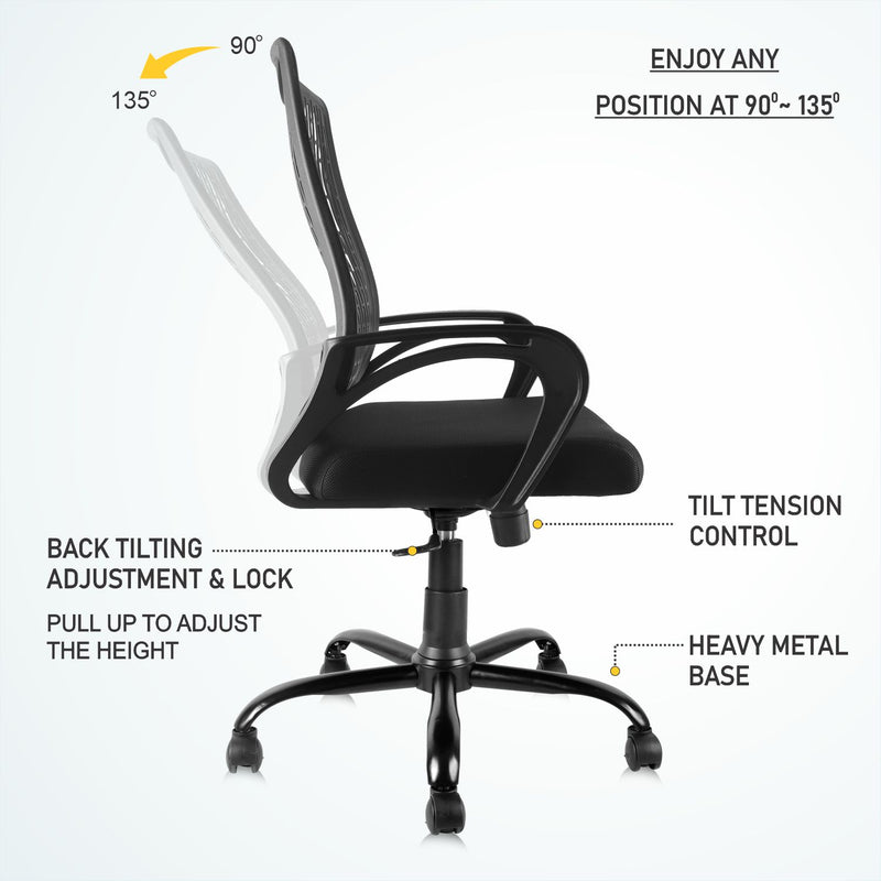 ASTRIDE Airsense Mid Back Office Chair for Work from Home/Study Chair Height Adjustable Revolving Chair with Tilt Lock [Heavy Duty Metal Base, Black]