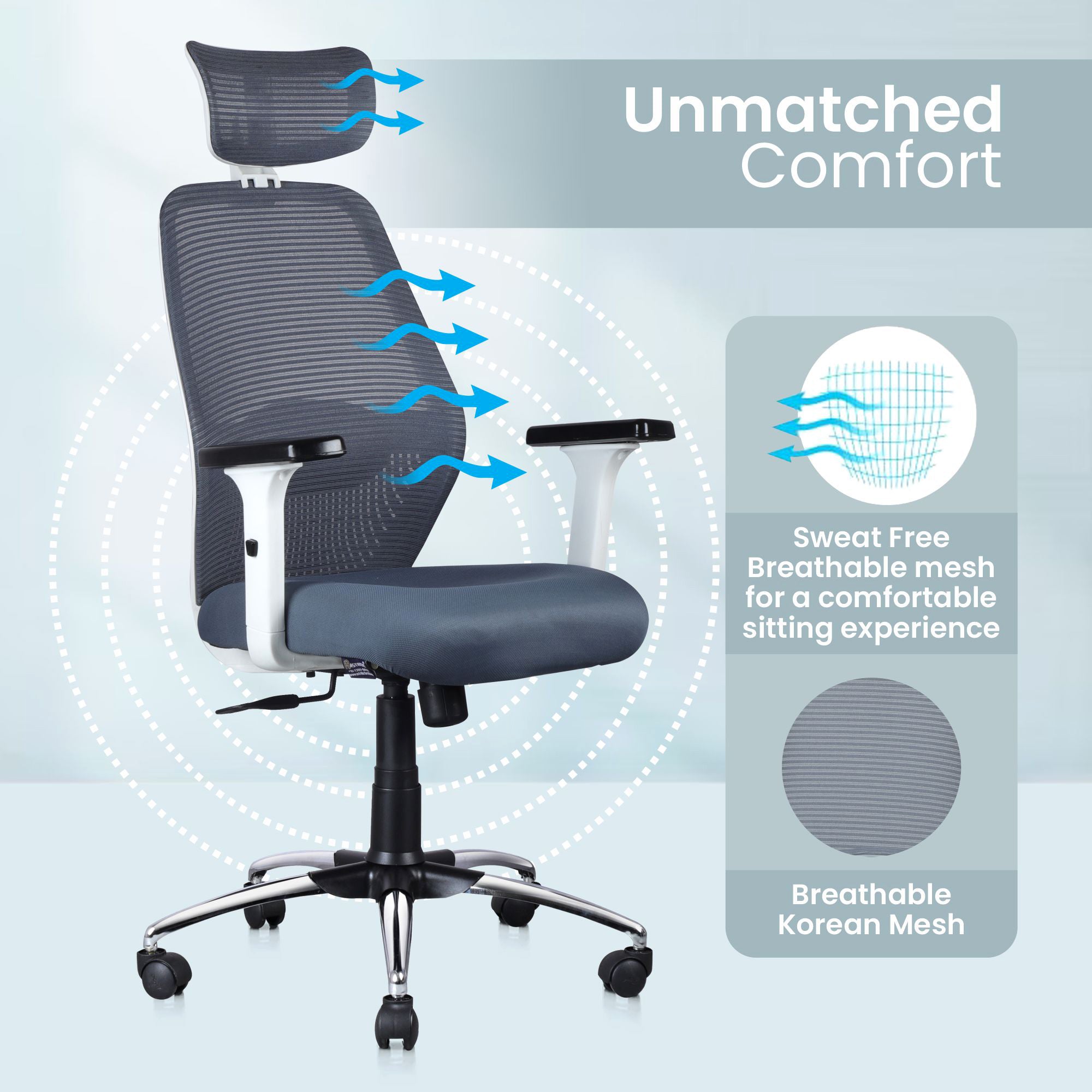 ASTRIDE Octave Ergonomic Office Chair for Home | 3-Years Warranty | 2D Headrest, 2D Lumbar Support & 2D Soft Adjustable Arms | Synchro Tilt Mechanism [Heavy Duty Chromium Metal Base, Grey-White]
