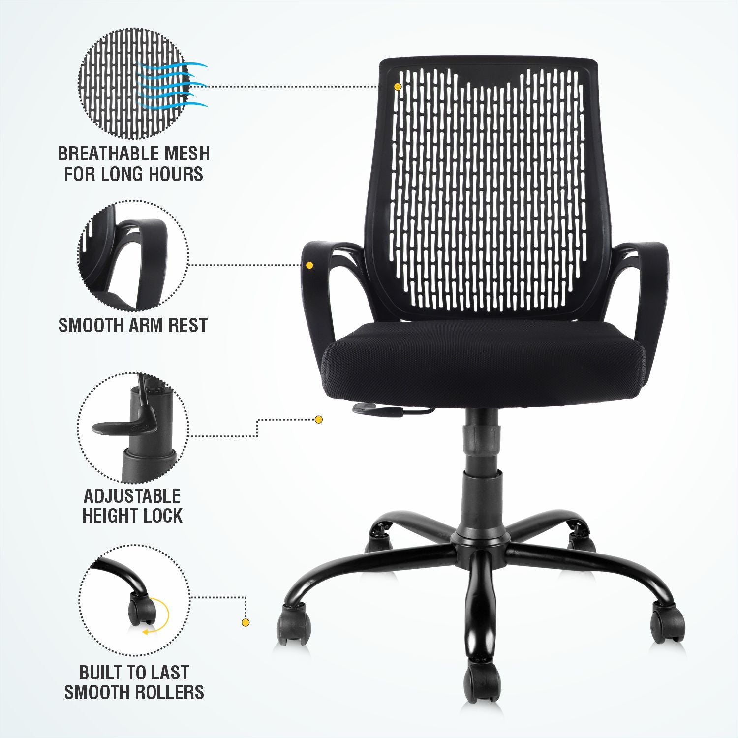 ASTRIDE Airsense Mid Back Office Chair for Work from Home/Study Chair Height Adjustable Revolving Chair with Tilt Lock [Heavy Duty Metal Base, Black]
