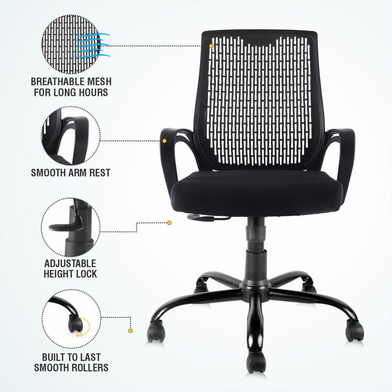 ASTRIDE Airsense Mid Back Office Chair for Work from Home/Study Chair Height Adjustable Revolving Chair with Tilt Lock [Heavy Duty Metal Base, Black]