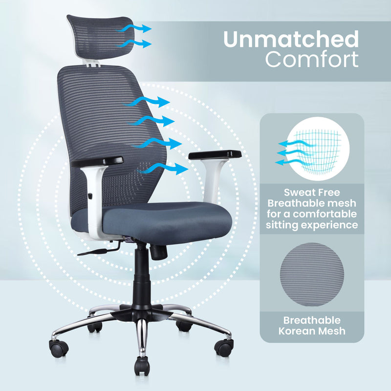 ASTRIDE Octave Ergonomic Office Chair for Home | 3-Years Warranty | 2D Headrest, 2D Lumbar Support & Adjustable Arms | Synchro Tilt Mechanism [Heavy Duty Chromium Metal Base, Grey-White]