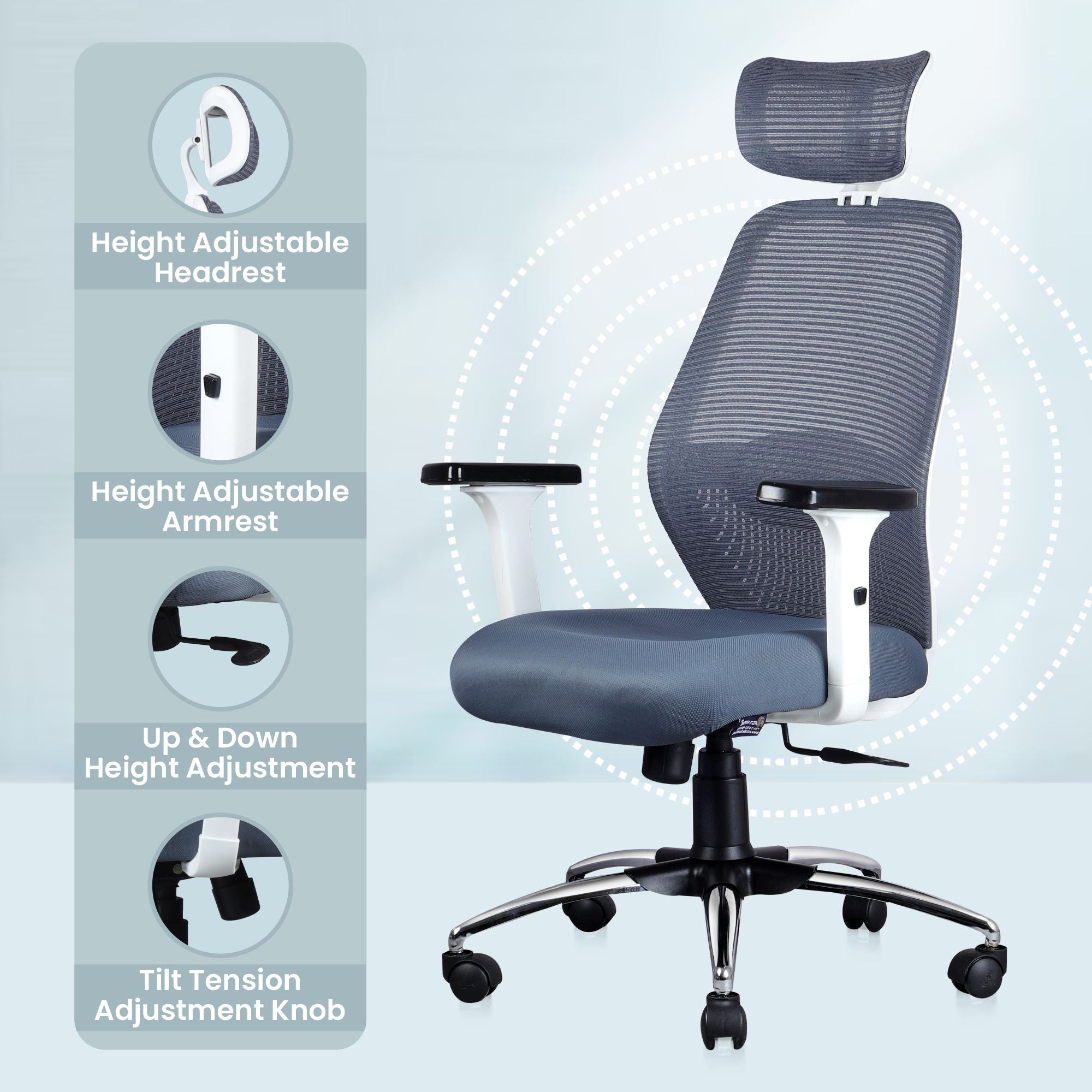 ASTRIDE Octave Ergonomic Office Chair for Home | 3-Years Warranty | 2D Headrest, 2D Lumbar Support & 2D Soft Adjustable Arms | Synchro Tilt Mechanism [Heavy Duty Chromium Metal Base, Grey-White]