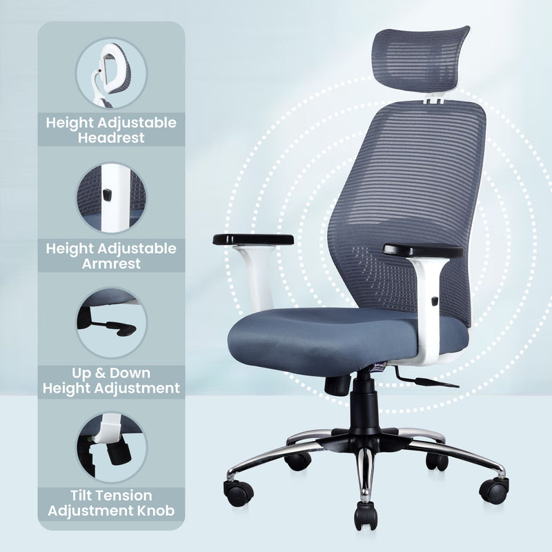 ASTRIDE Octave Ergonomic Office Chair for Home | 3-Years Warranty | 2D Headrest, 2D Lumbar Support & Adjustable Arms | Synchro Tilt Mechanism [Heavy Duty Chromium Metal Base, Grey-White]